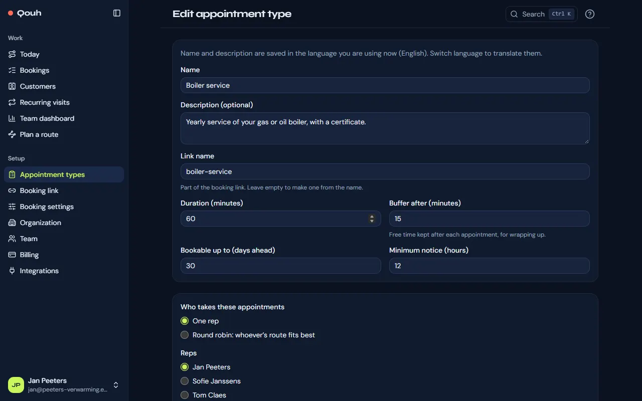 Editing an appointment type: name, duration, buffer, who takes it, how far ahead and the notice.