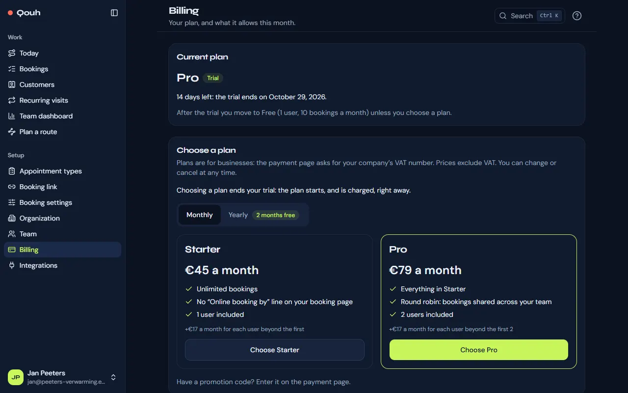 Billing: the current plan, the days left in the trial and the plans to choose from.