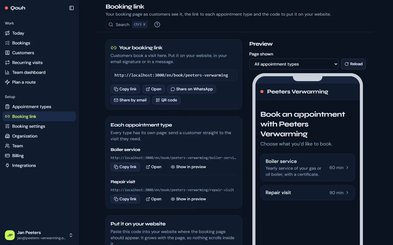 Booking link: your link, each type’s link, the embed code and a preview of the booking page on a phone.