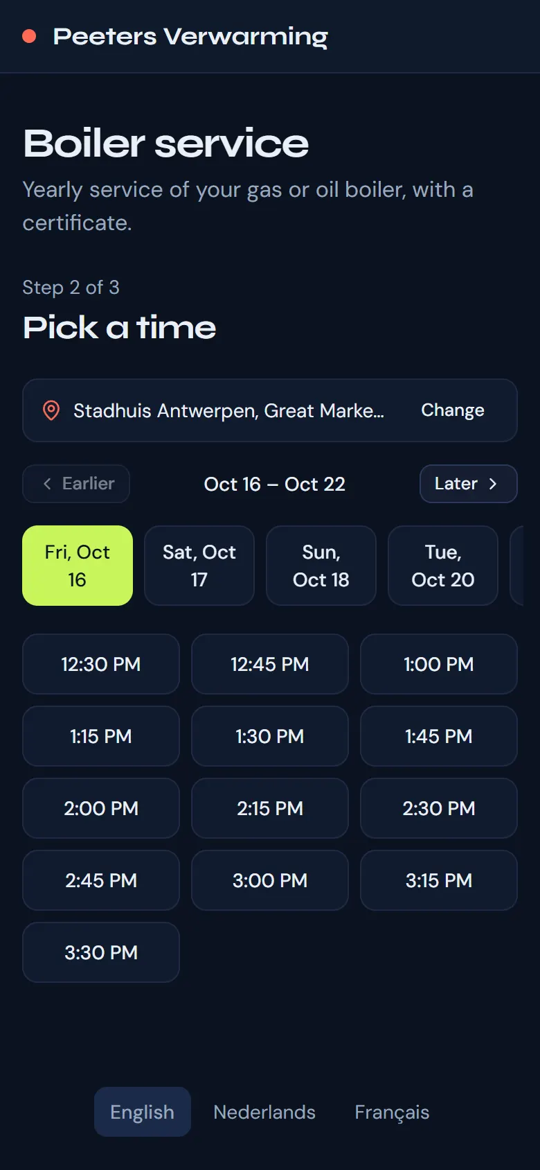 The booking page on a phone: the customer picks a day and one of the free times.