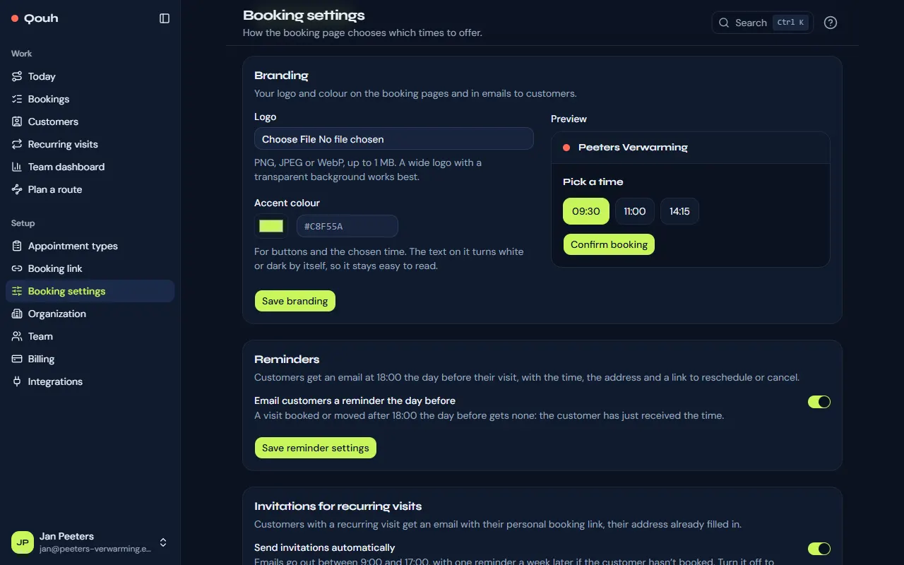 Booking settings → Branding: the logo, the accent colour and a preview of the booking page.