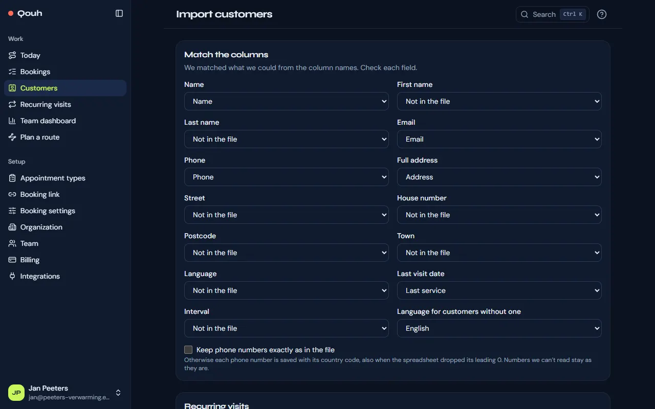 Importing customers: the columns of the file matched to the customer fields.