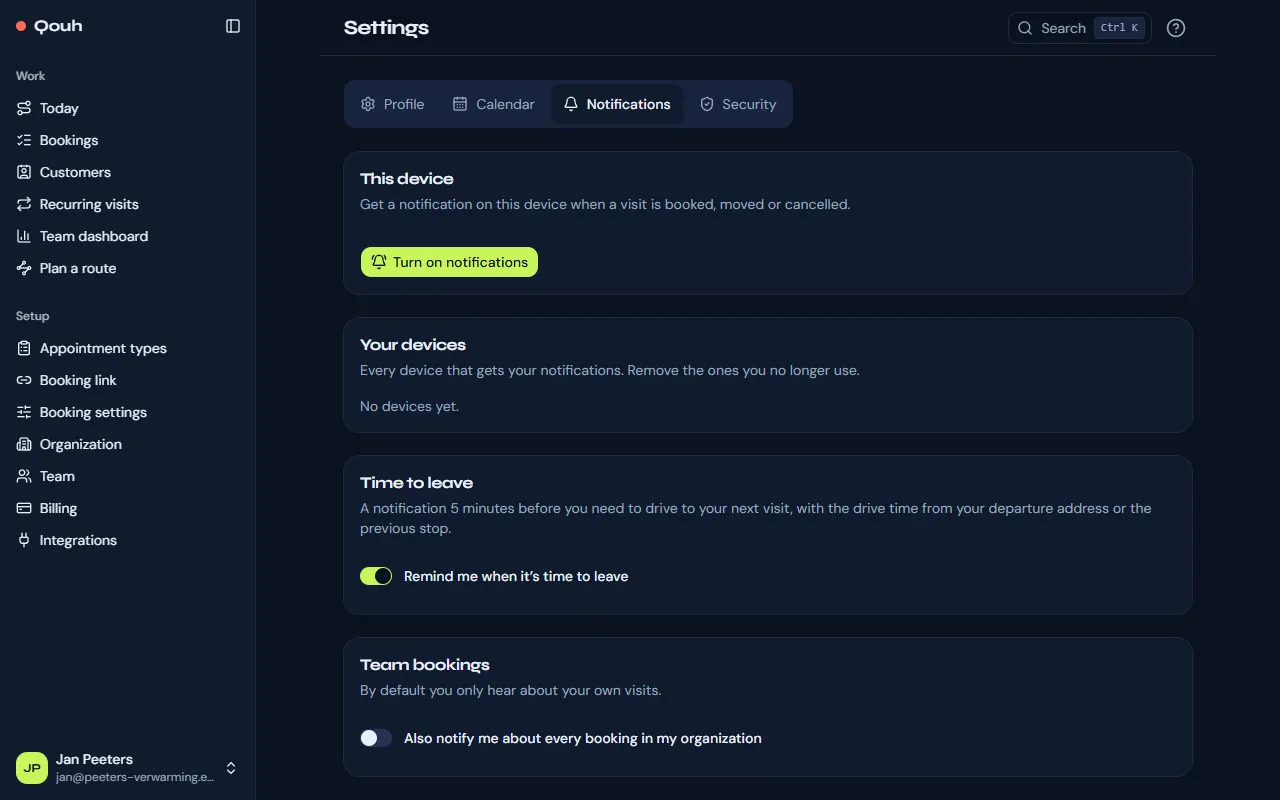 Settings → Notifications: this device, your devices, team bookings and time to leave.