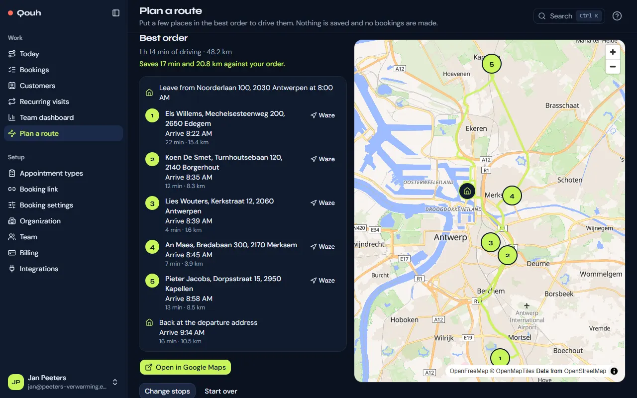 Plan a route: the stops in the best order with the drive to each, the saving and the route on a map.