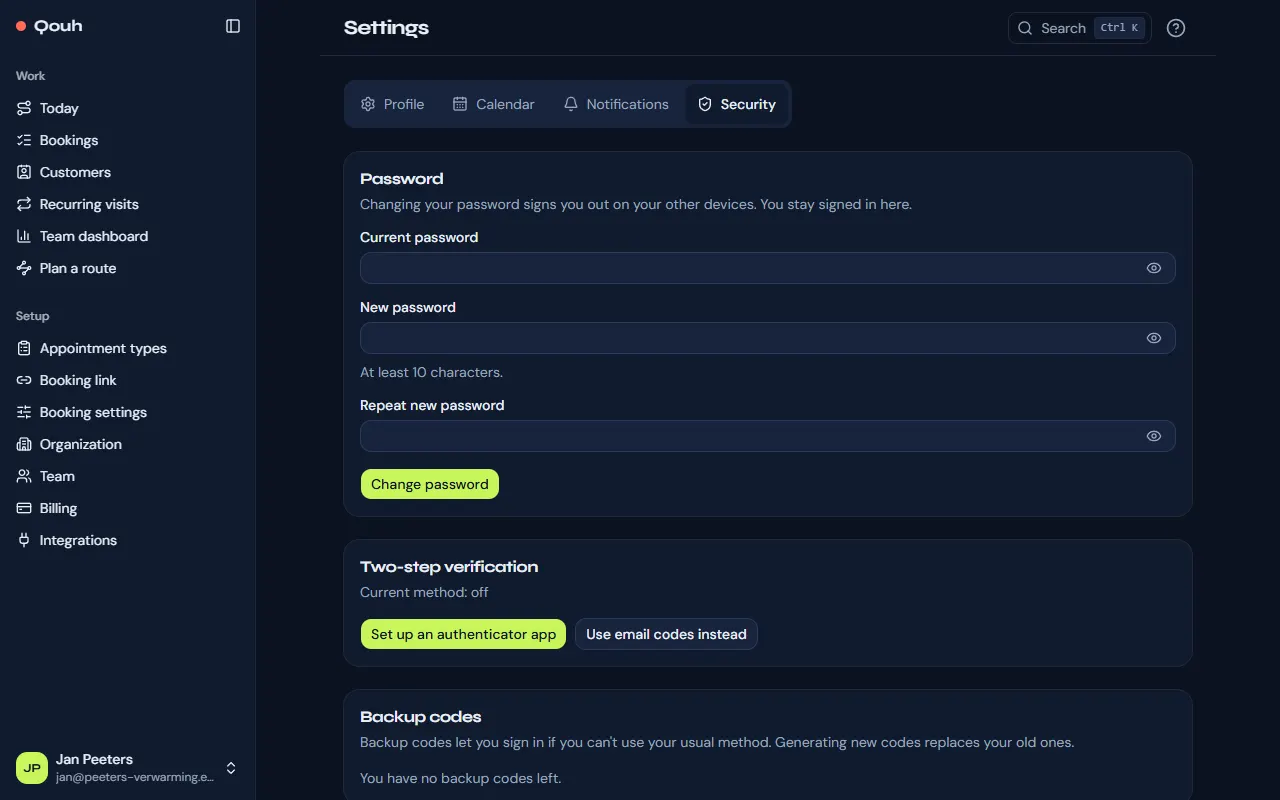Settings → Security: two-step verification, backup codes and the password.