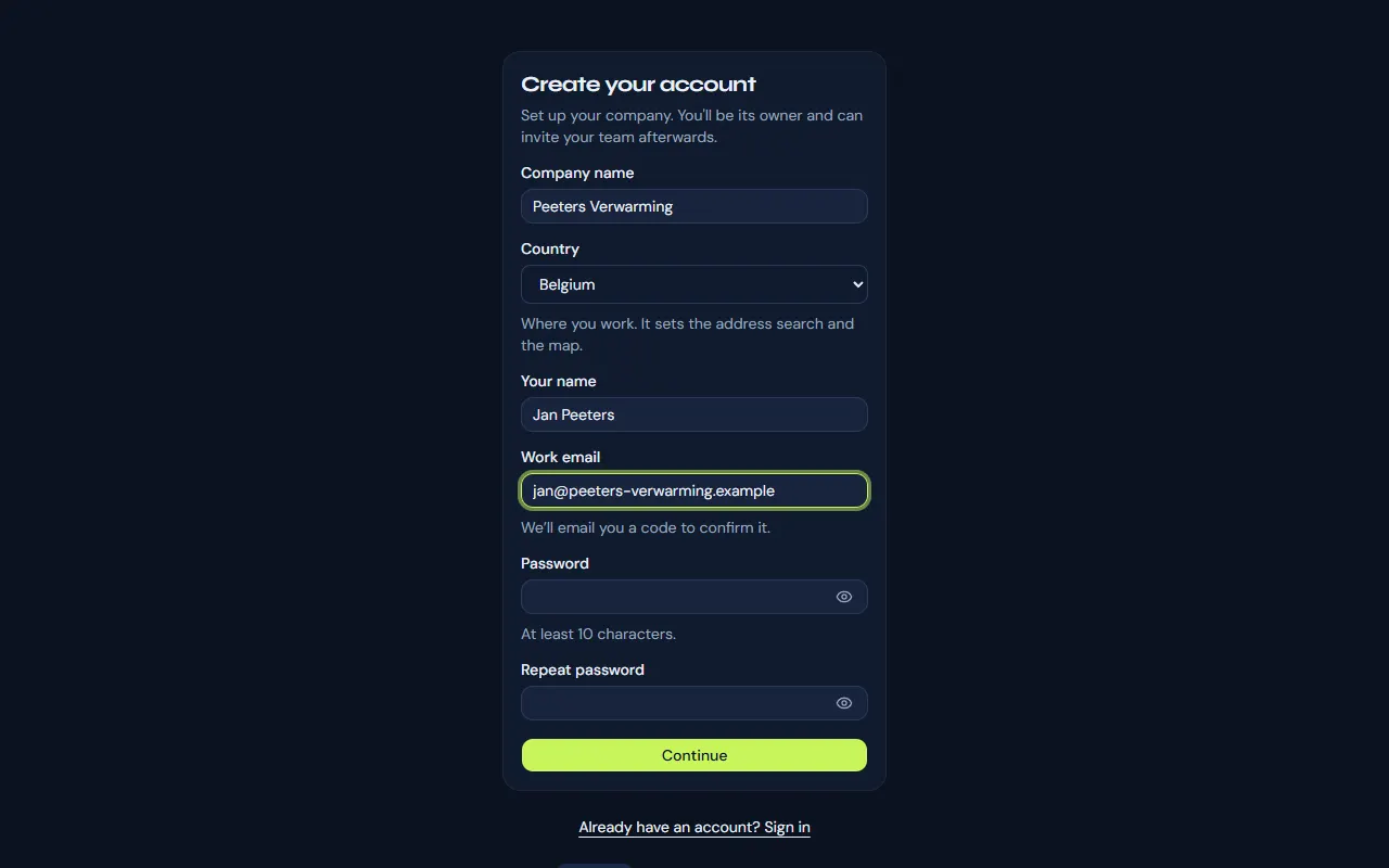 The signup form: company name, your name, work email and password.