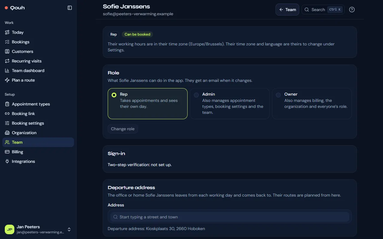 A team member’s page: their role, sign-in, departure address and working hours.