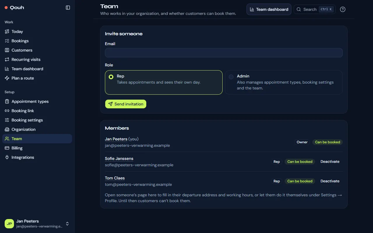 Team: the members with their role and whether customers can book them, and the invitation form.