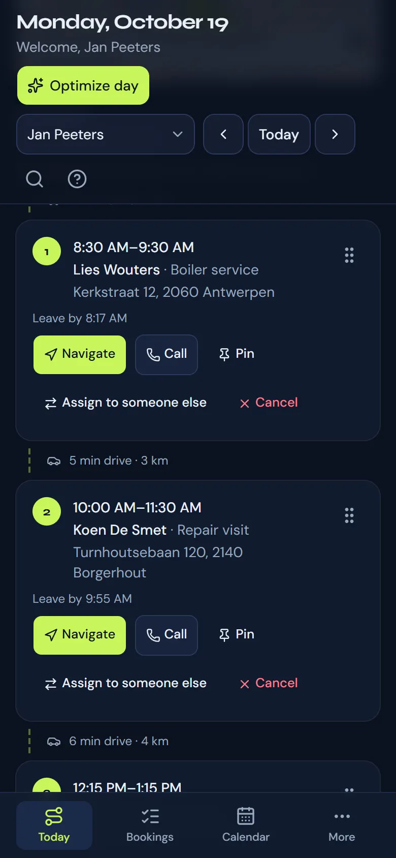 Today on a phone: each stop with its time, “Leave by” and the buttons to navigate and call.