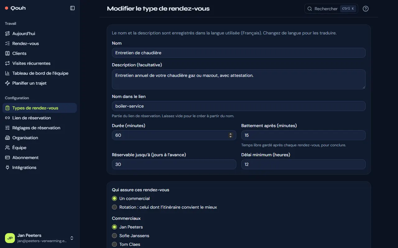 Modifier un type de rendez-vous : nom, durée, battement, qui s’en charge, combien de jours à l’avance et le délai minimum.