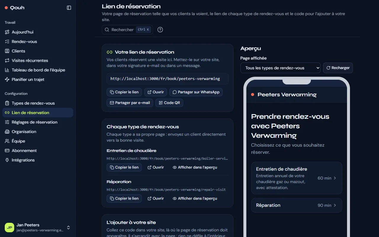 Lien de réservation : votre lien, celui de chaque type, le code d’intégration et un aperçu de la page de réservation sur un téléphone.