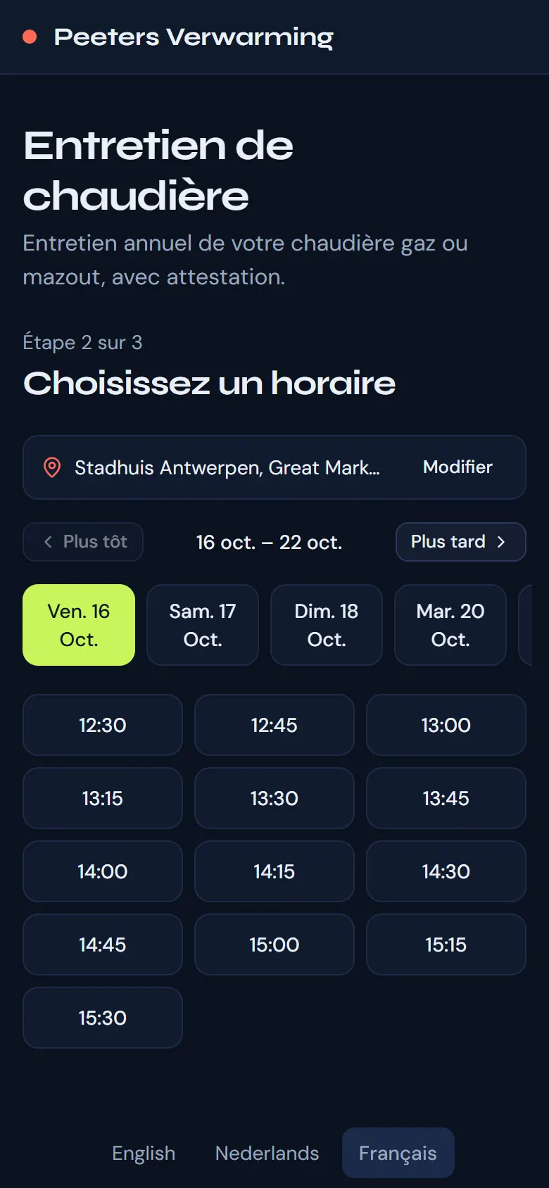 La page de réservation sur un téléphone : le client choisit un jour et l’un des créneaux libres.
