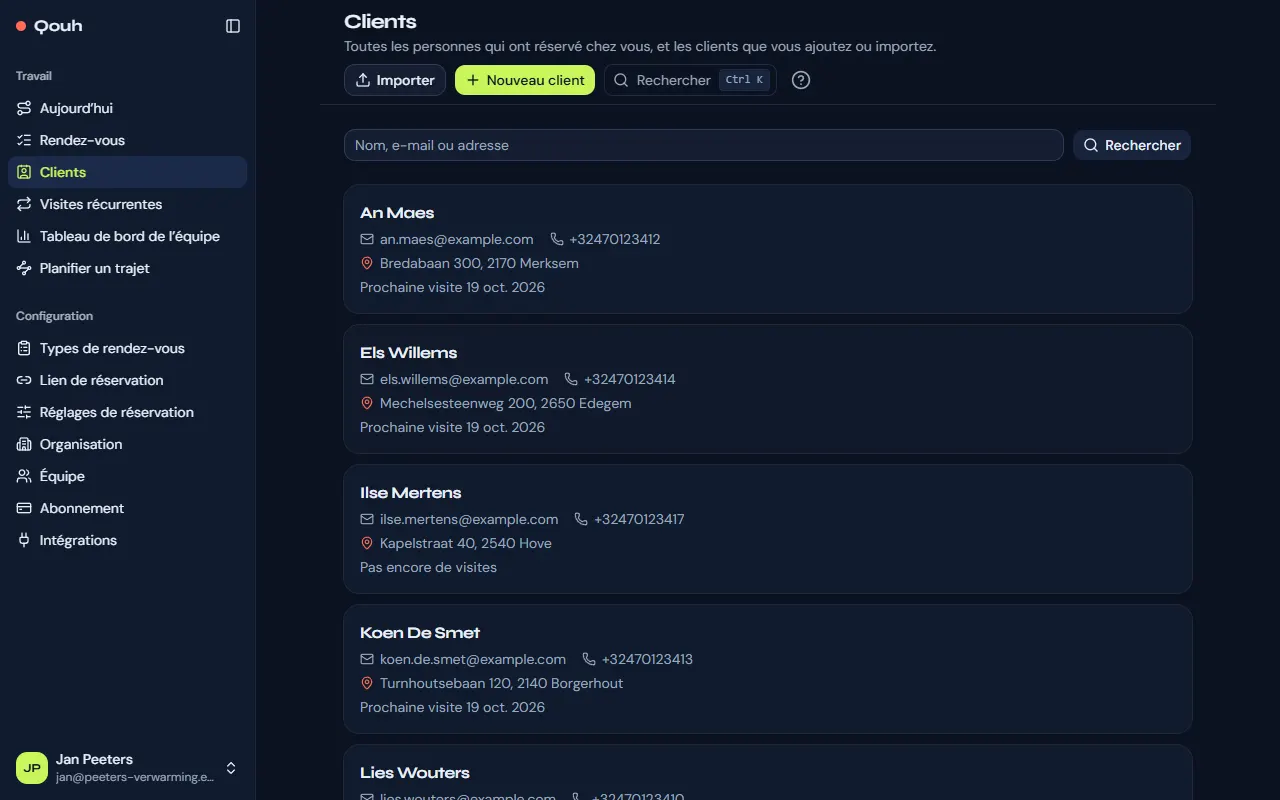 Clients : la liste avec l’adresse de chaque client et sa dernière et sa prochaine visite.