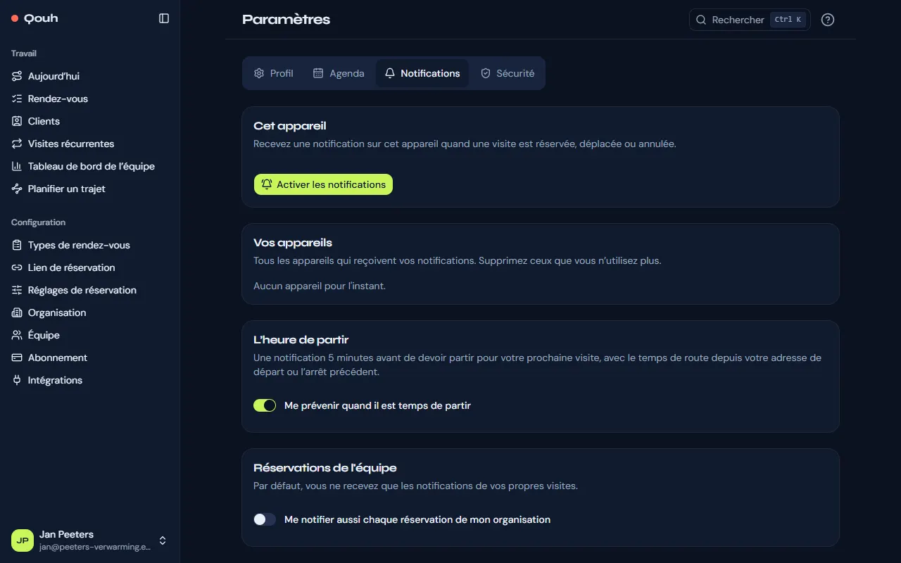 Paramètres → Notifications : cet appareil, vos appareils, les rendez-vous de l’équipe et l’heure de départ.