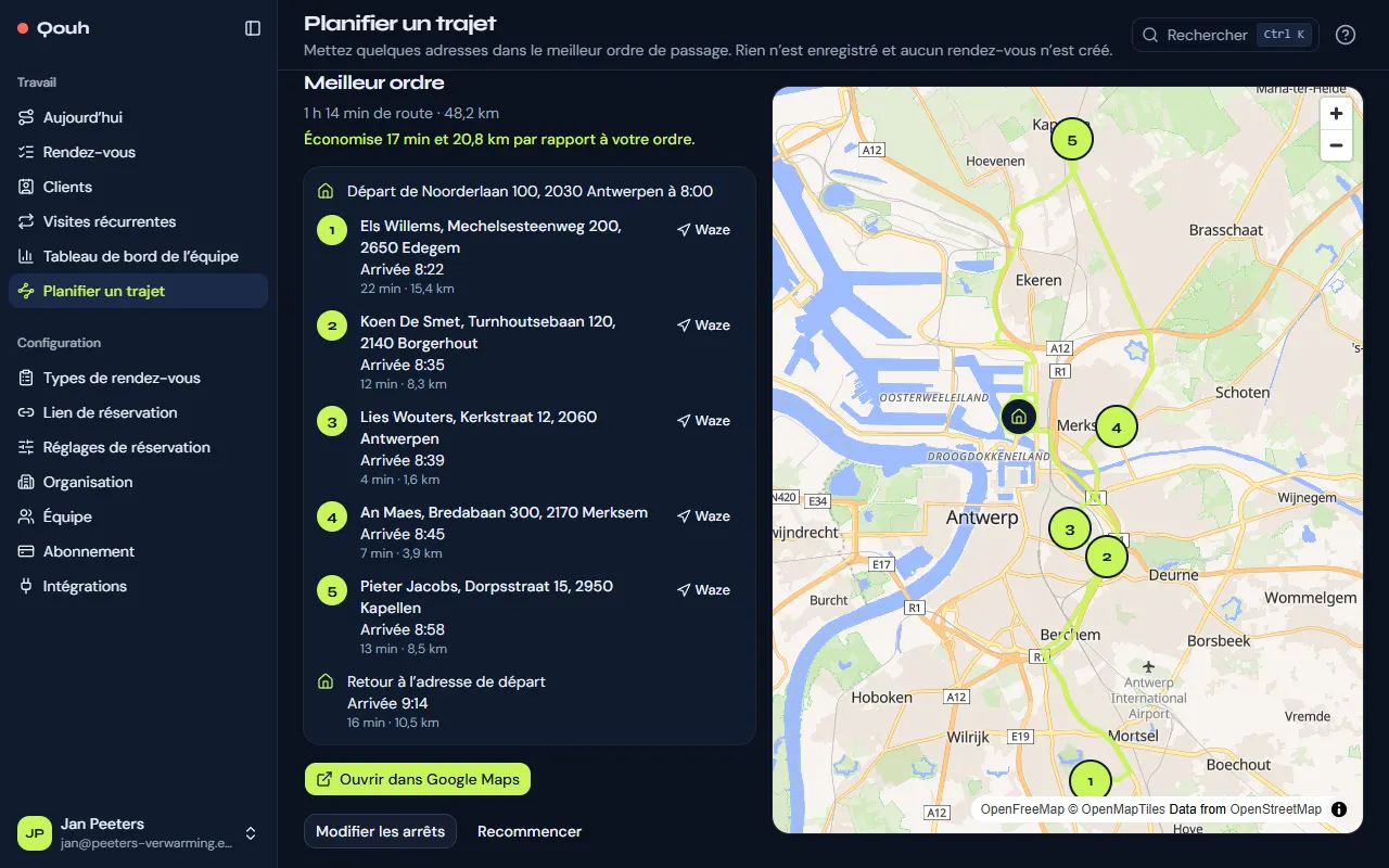 Planifier un trajet : les arrêts dans le meilleur ordre avec le trajet vers chacun, le gain et l’itinéraire sur une carte.