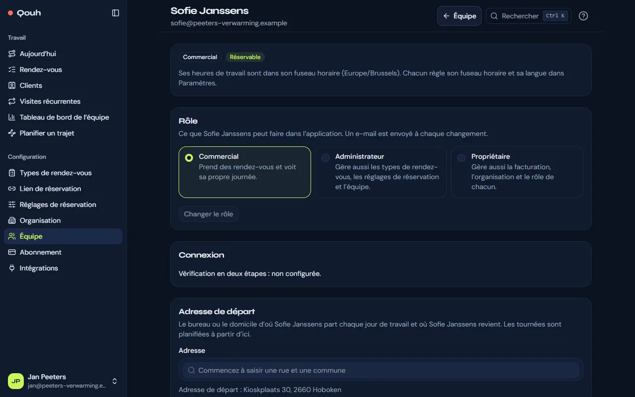 La page d’un membre : son rôle, sa connexion, son adresse de départ et ses heures de travail.
