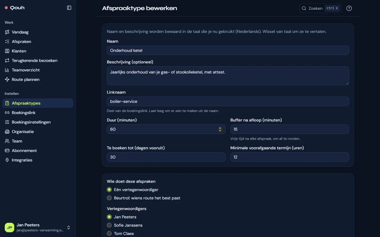 Een afspraaktype bewerken: naam, duur, buffer, wie het doet, hoe ver vooruit en de minimale termijn.