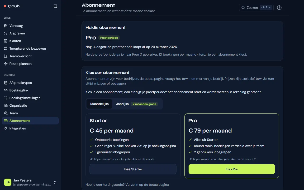 Abonnement: het huidige abonnement, de resterende proefdagen en de abonnementen om uit te kiezen.