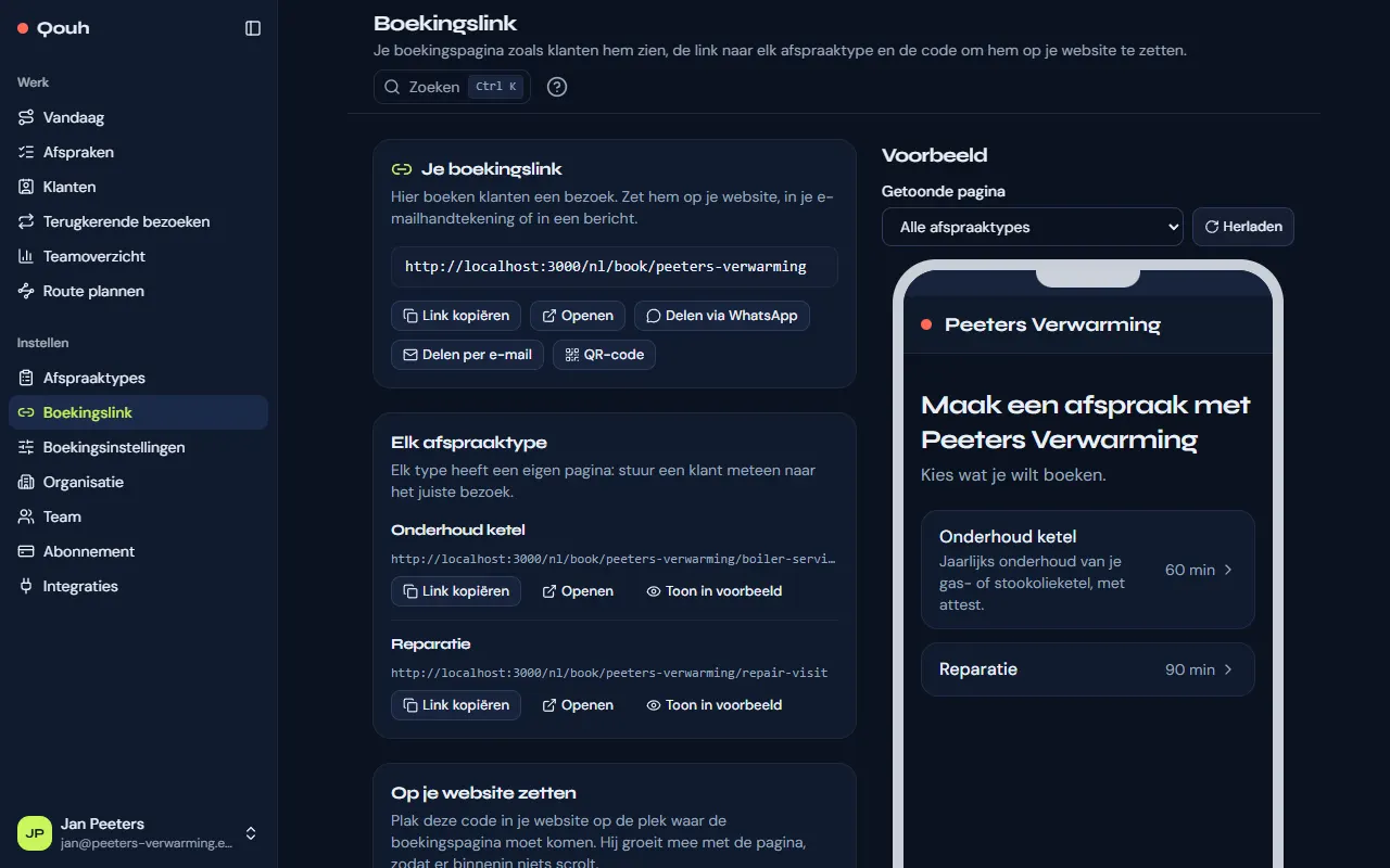 Boekingslink: je link, de link van elk type, de insluitcode en een voorbeeld van de boekingspagina op een telefoon.
