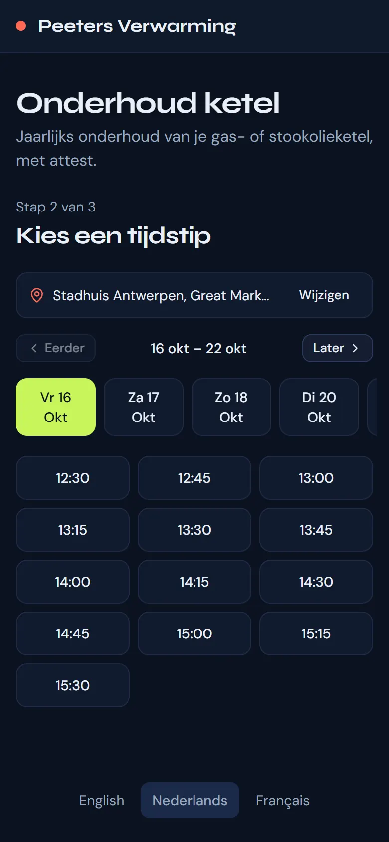 De boekingspagina op een telefoon: de klant kiest een dag en een van de vrije tijden.