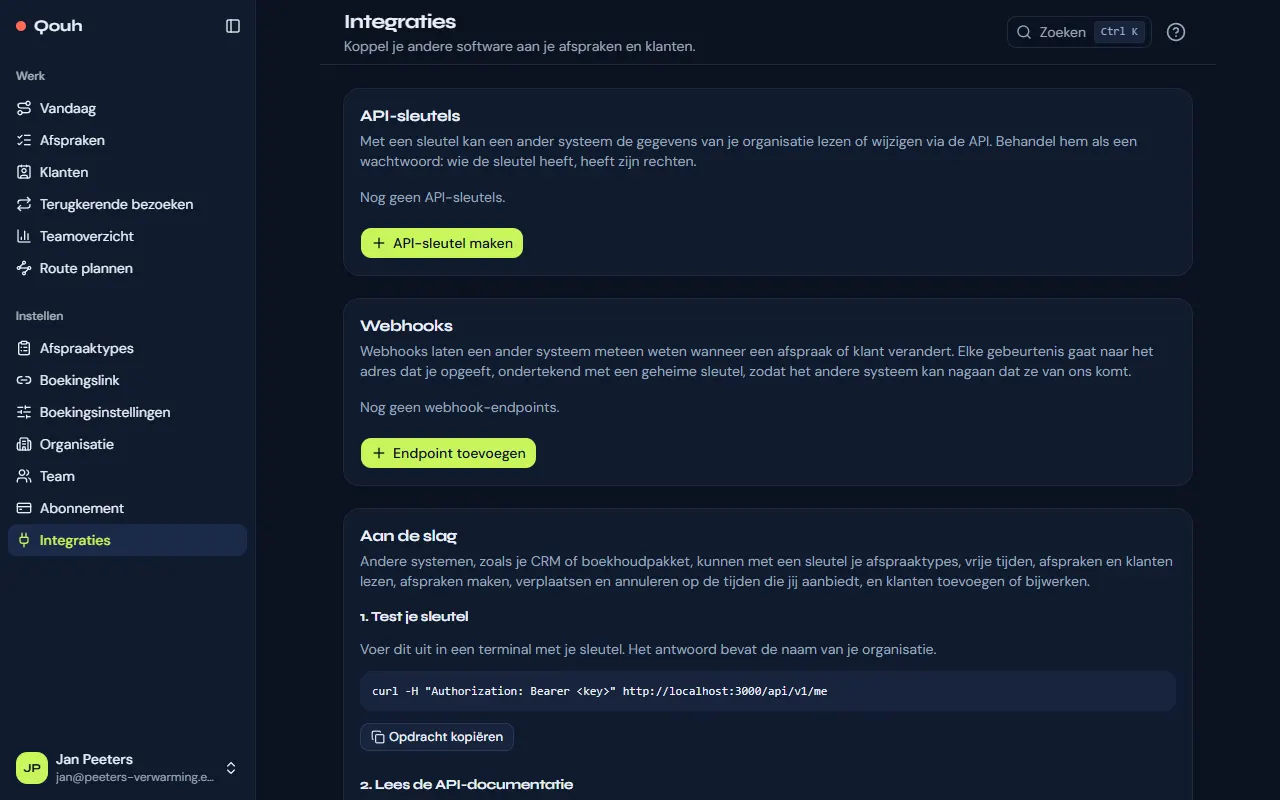 Integraties: API-sleutels, webhooks en hoe je begint.
