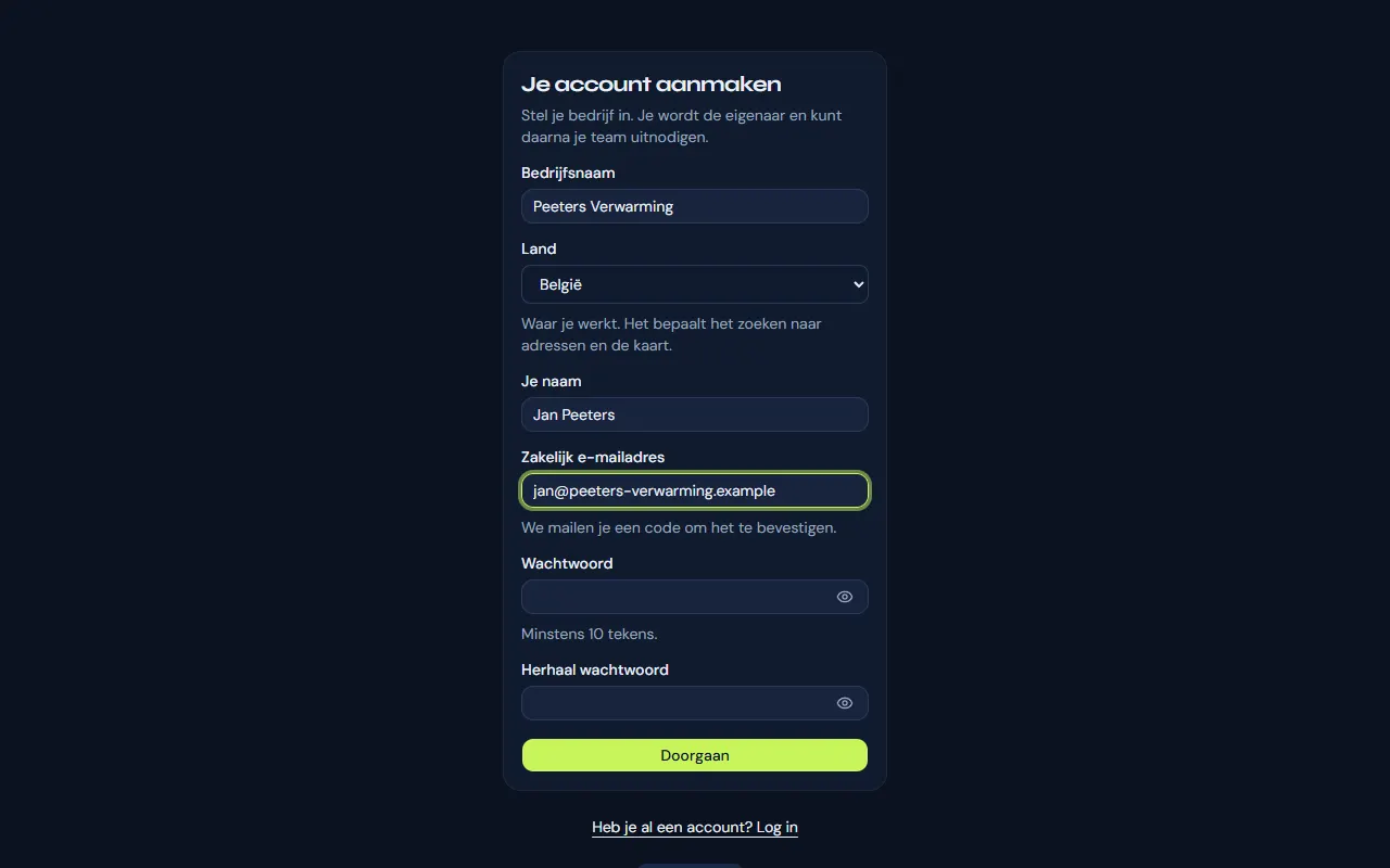 Het registratieformulier: bedrijfsnaam, je naam, zakelijk e-mailadres en wachtwoord.
