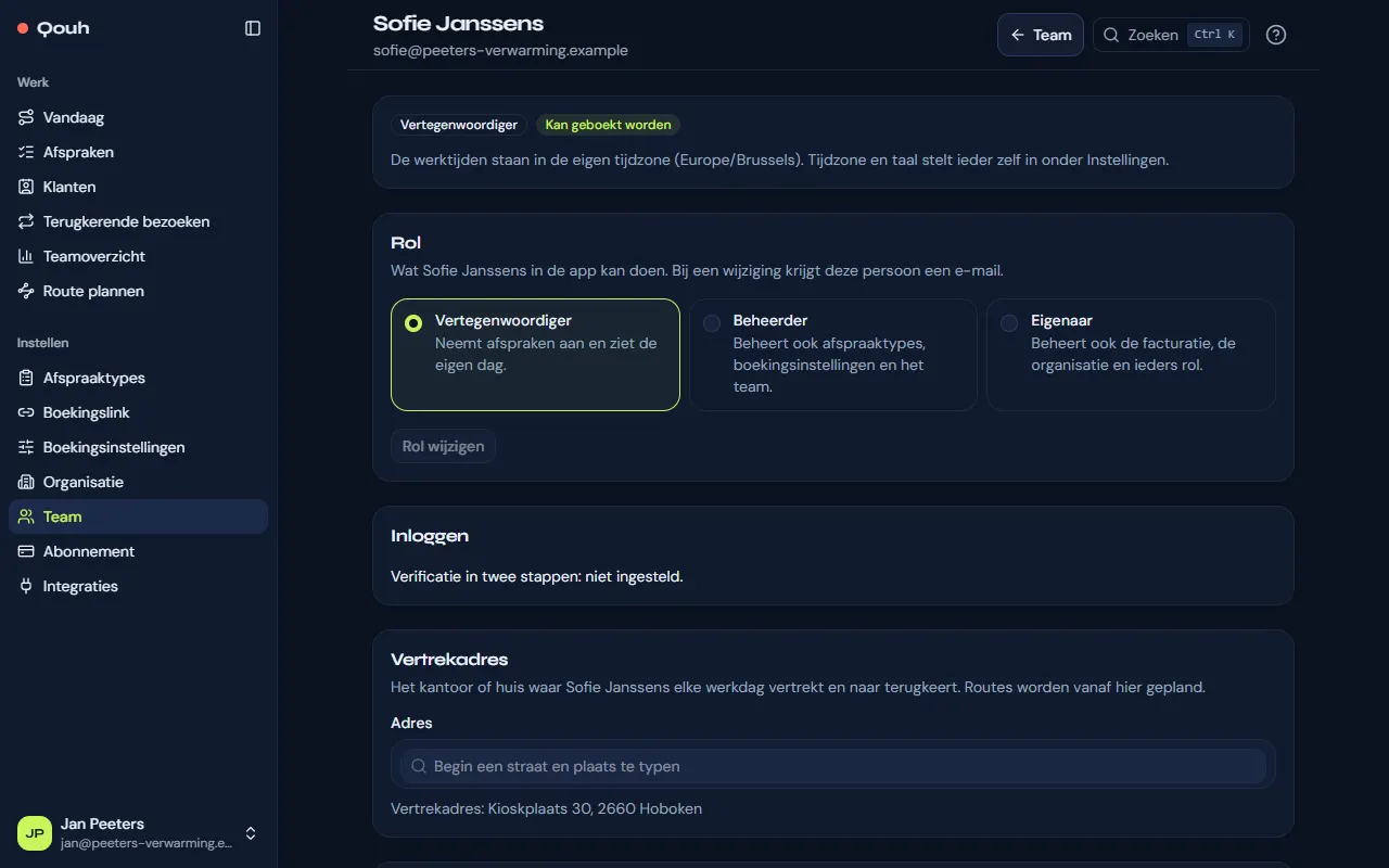 De pagina van een teamlid: hun rol, inloggen, vertrekadres en werktijden.