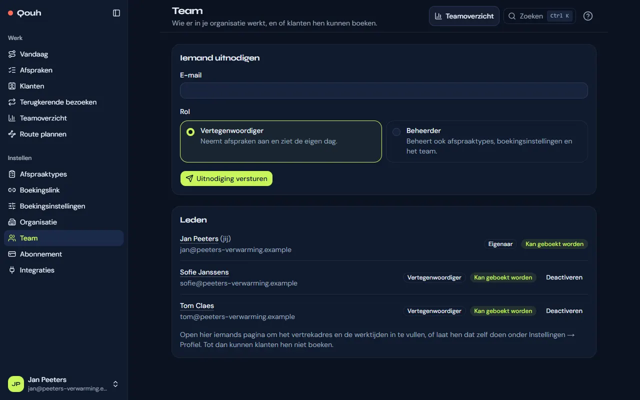 Team: de leden met hun rol en of klanten hen kunnen boeken, en het uitnodigingsformulier.