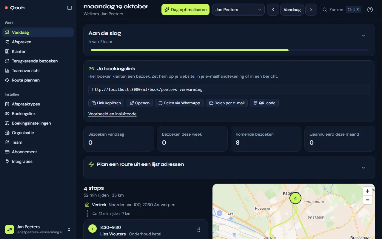 Vandaag: de stops van de dag in rijvolgorde met de ritten ertussen, en de route op een kaart.